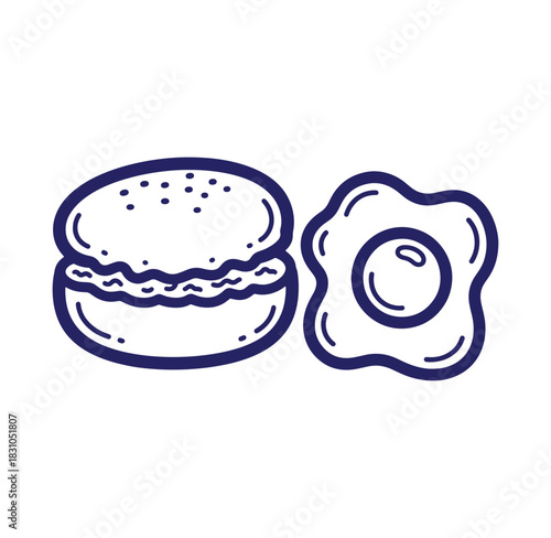 Hand drawn illustration of a burger and a fried egg breakfast food icon set