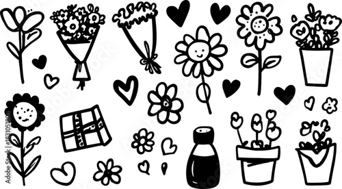 Flower doodles in black outline style. This set includes bouquets, pots, hearts, and a gift box in a charming vector illustration.