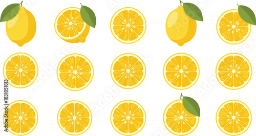 Lemon citrus fruit illustration pattern featuring whole lemons with green leaves and multiple round sliced lemon pieces for fresh food and beverage design concepts