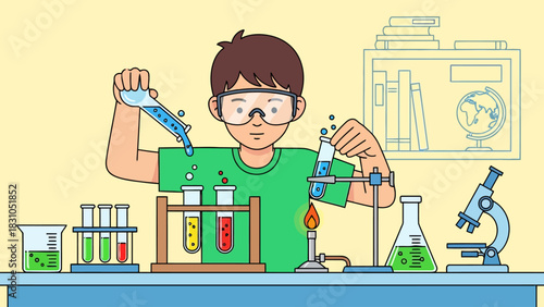 Boy conducting a science experiment in a lab with beakers and test tubes