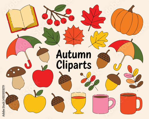 Autumn cliparts vector of seasonal elements collection with leaves, pumpkins, apples, berries, mushrooms, umbrellas and warm drinks for fall season