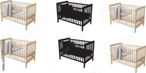 Wooden crib illustration, silhouette comparison, baby furniture design, nursery decor, object recognition layout, modern style, symmetrical arrangement, visual concept