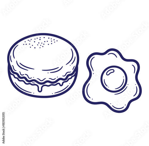 Hand drawn illustration of a delicious french macaron and a sunny side up fried egg