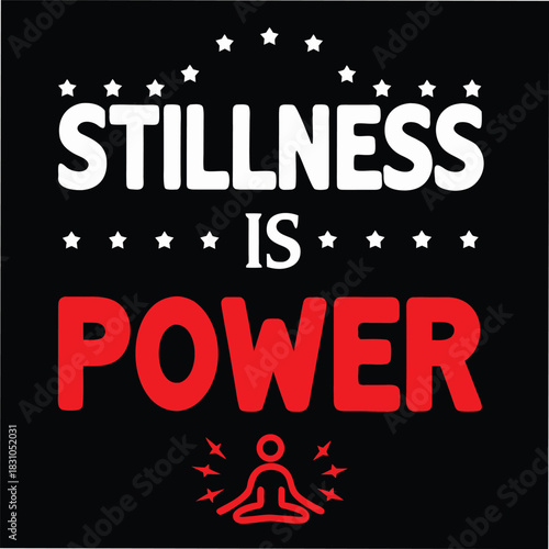 Red meditative figure seated below bold power words and stars on black background