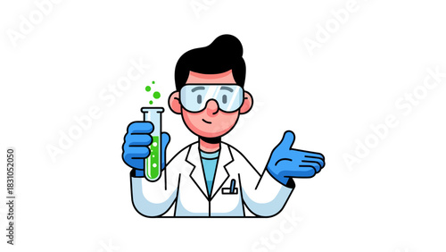 Cartoon scientist holding a test tube with green liquid