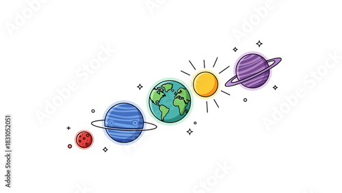Cartoon planets and sun illustration against a white background