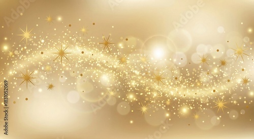Golden shimmering light particles forming a dynamic wave, sparkling starburst elements and soft bokeh circles creating a festive celebration background, representing luxury and magic