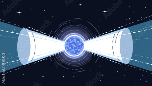 Celestial object emitting beams set against a starry night sky