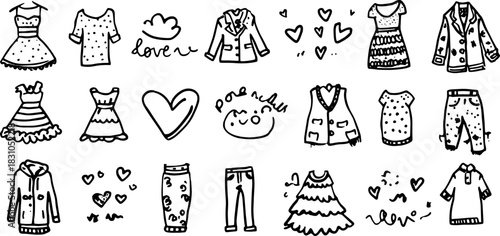 Clothing vector illustration set featuring dresses, jackets, shirts, and pants. Hand-drawn fashion items in black and white style.