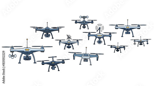 Collection of pixelated drone illustrations on a white background