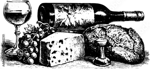 Vintage wine bottle with glass, cheese, and grapes. Hand-drawn vector illustration featuring elegant detail in a classic set.