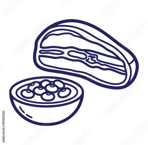 Hand-drawn illustration of a delicious pepperoni pizza with beans in a bowl for culinary art.