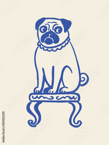Pug on ornate stool doodle line art vector illustration