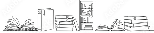 Minimal continuous line illustration of books, bookshelf, and open textbooks arranged horizontally for education, library, knowledge, reading, and academic concept designs