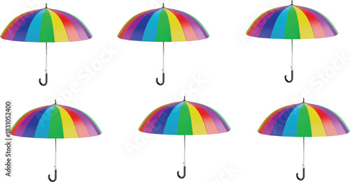 Rainbow umbrellas pattern, colorful umbrella design, symmetrical layout, vibrant colors, black handle, white shaft, weather gear, visual repetition, spring concept