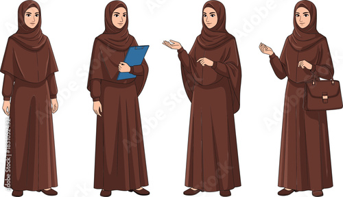 Muslim woman character vector set wearing modest hijab clothing in different poses for education, business, presentation, and modern Islamic lifestyle designs