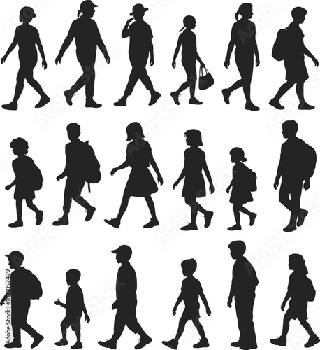 Walking children silhouettes, kids going to school, students with backpacks, side view vector collection, teenagers group, isolated on white background.