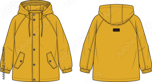 Yellow hooded raincoat technical fashion flat sketch, front and back view, raglan sleeve parka, vector illustration template for apparel design.