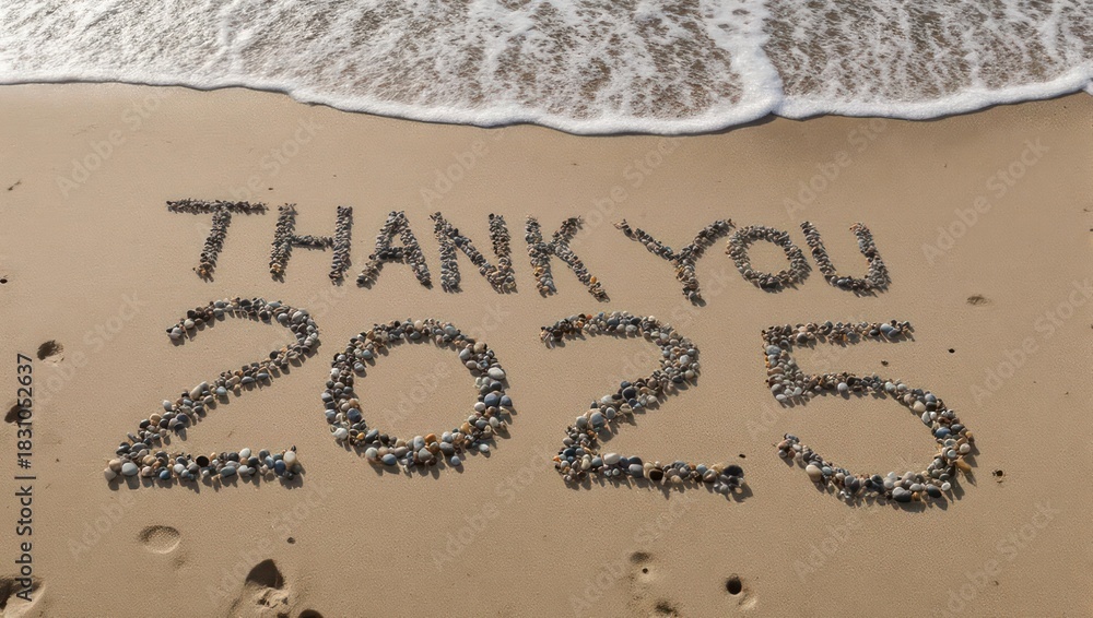 Fototapeta premium Thank You 2025 Message on Beach Sand with Approaching Wave.