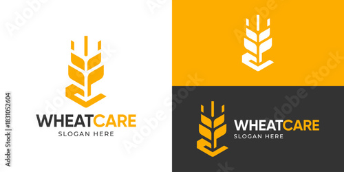 Creative simple wheat care logo template. Abstract hand with wheat grain rice logo design vector illustration.