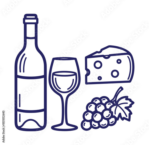 Outline illustration of wine bottle wine glass cheese and grapes for food and beverage concepts