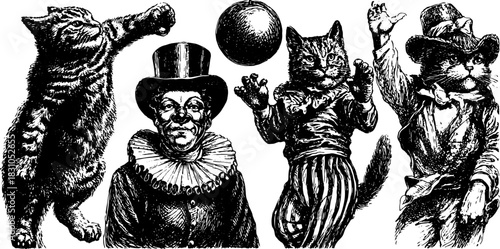 Vintage illustration of a set with cats as performers in a circus, including a clown and juggling. Vector design in black and white style.