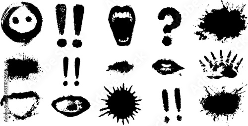 Vector illustration of various grunge splash marks, stamps, and textures in black and white. Contains handprints and abstract shapes in a creative set.
