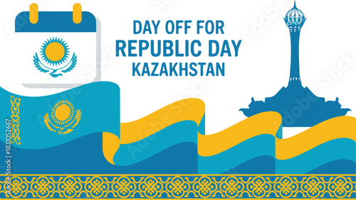 Day Off for Republic Day Kazakhstan with National Flag Calendar and Silhouette of Astana Landmark 130 Characters