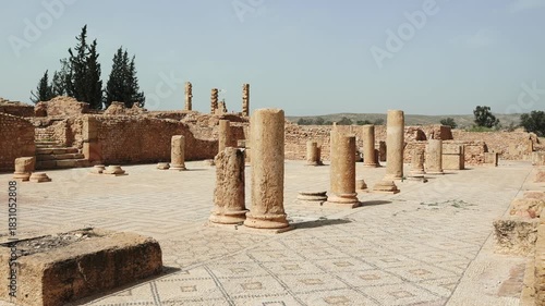 Ruins of ancient Roman bathing-place thermes on territory of antic city of Sufetula in area of modern Tunisia. Half-destroyed buildings from time of Roman Empire, Subaytilah Grand Baths