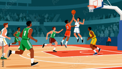 This illustration depicts a basketball game in progress, with players competing intensely on the court, a referee, and spectators in the background, capturing the energetic atmosphere of the sport.