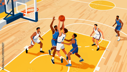 This illustration depicts a basketball game in progress, with players competing intensely on the court, a referee, and spectators in the background, capturing the energetic atmosphere of the sport.