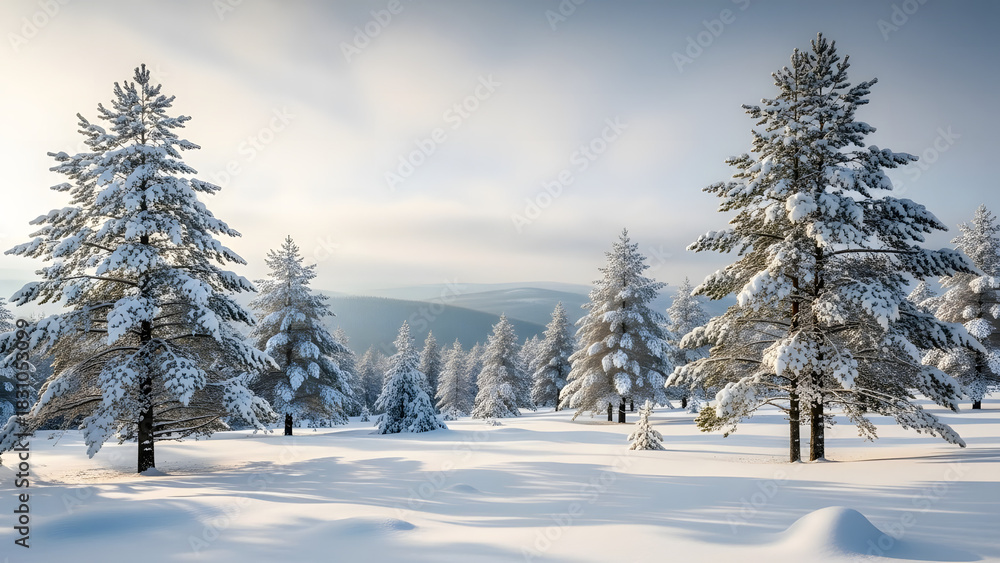 Obraz premium Winter Wonderland: A picturesque winter landscape of snow-covered fir trees bathed in the soft glow of sunlight, evoking a sense of calm and tranquility.