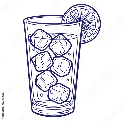 Refreshing summer drink with ice cubes and a lemon slice in a tall glass