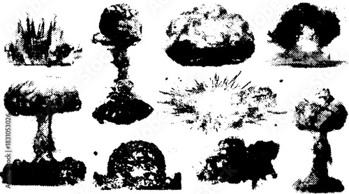 Nuclear explosion graphic in black and white. Vector illustration of mushroom clouds and blast effects in a simplified set.