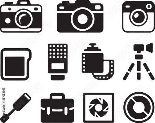 Set of photography videography icons and symbol for studio and broadcasting industry on transparent background exactly 130 characters