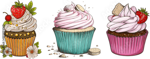 Cupcake Collection of 3, individual decoration. Ganache, cream, strawberries, biscuit, floral topping. Digital hand-colouring, vivid colours, orange, teal, pink. 