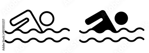 Swimming icons in outline style. Linear vector illustration of swimming signs, safety rules and prohibition symbols for beach zone and pool area. Simple line design for mobile apps and infographics.
