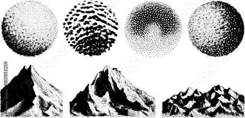 Vintage engraving illustration of landscapes. Black outline drawing of mountains and hills in a traditional vector format set.