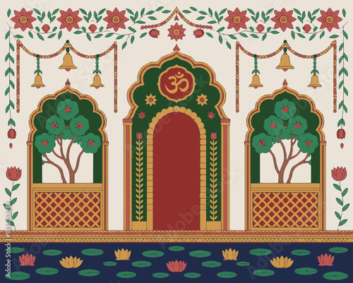 Indian style gate with temple windows and hindu floral patterns for spiritual occasion exactly 130 characters