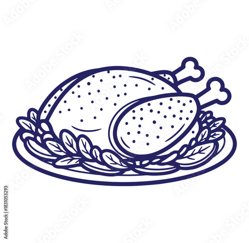 Roasted chicken on a platter with decorative herbs simple line art illustration
