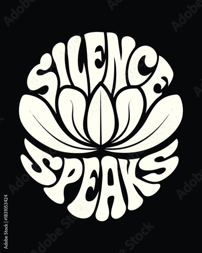 Creamy letters reading Silence Speaks are clustered like flower petals on a dark background