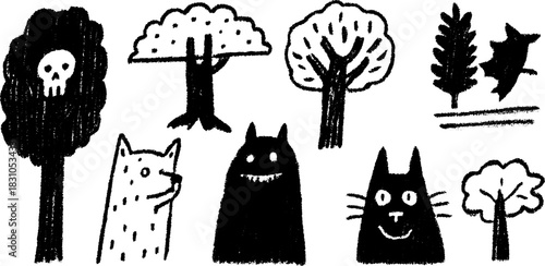 Tree and animal characters in a simple, black vector illustration set. Features a cat, dog, and monster with whimsical elements for a playful design.