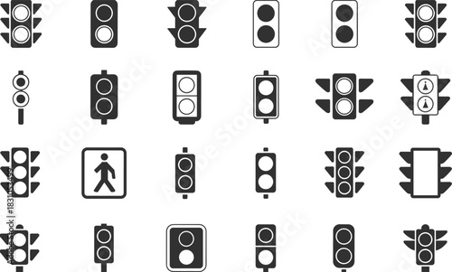 Traffic signal silhouettes icon collection, road stop and go symbols, semaphore, street regulation lamps, crosswalk sign, urban transport graphic vector isolated on white, SEO optimized.