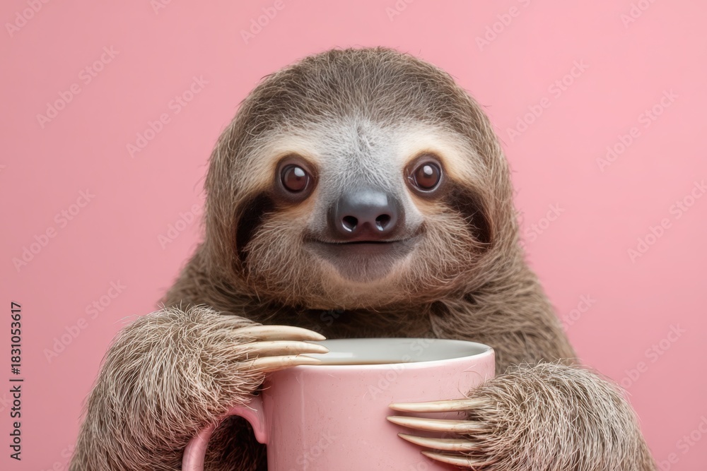 Naklejka premium Adorable Sloth Holding Large Coffee Mug on Pink Background