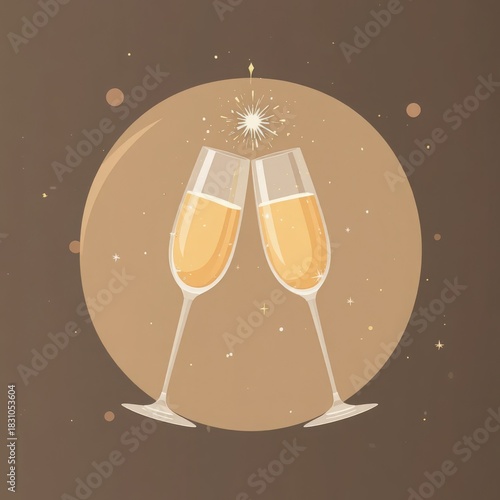 Minimal vector champagne flutes clinking in warm pastels with tiny sparkles