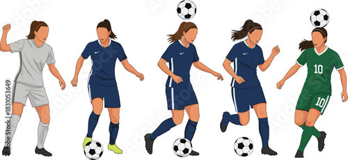 Women soccer players vector set, football action poses, ball kicking motion, female athletes, sports illustrations, football match graphics, outdoor activity icons, championship design assets