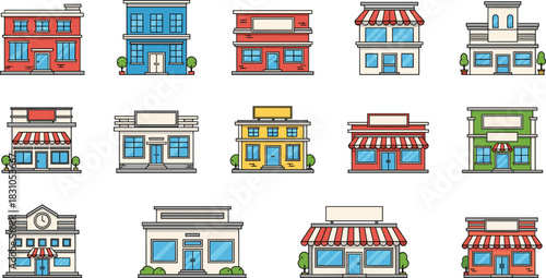 Storefront and small city building illustration set featuring retail shops, cafes, boutiques, apartments, and urban street architecture icons
