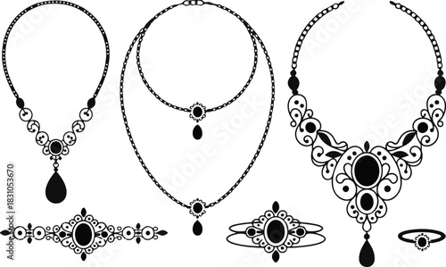 Elegant necklace and bracelet jewelry set silhouette vector with precious stones luxury fashion accessories for women jewelry