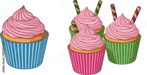 Sweet cupcake dessert illustration featuring colorful paper liners, creamy pink frosting, striped straws, bakery treats, party sweets, and delicious confection concept