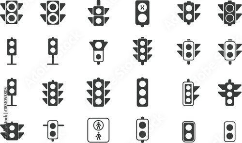 Traffic light silhouette icons set featuring stop and go signal symbols, road semaphore lamps, pedestrian crosswalk signs, street regulation graphics isolated on white, vector pack,